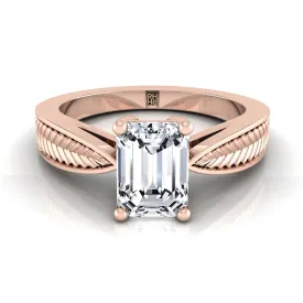 14K Rose Gold Emerald Cut Vintage Inspired Leaf Pattern Pinched Solitaire Engagement Ring