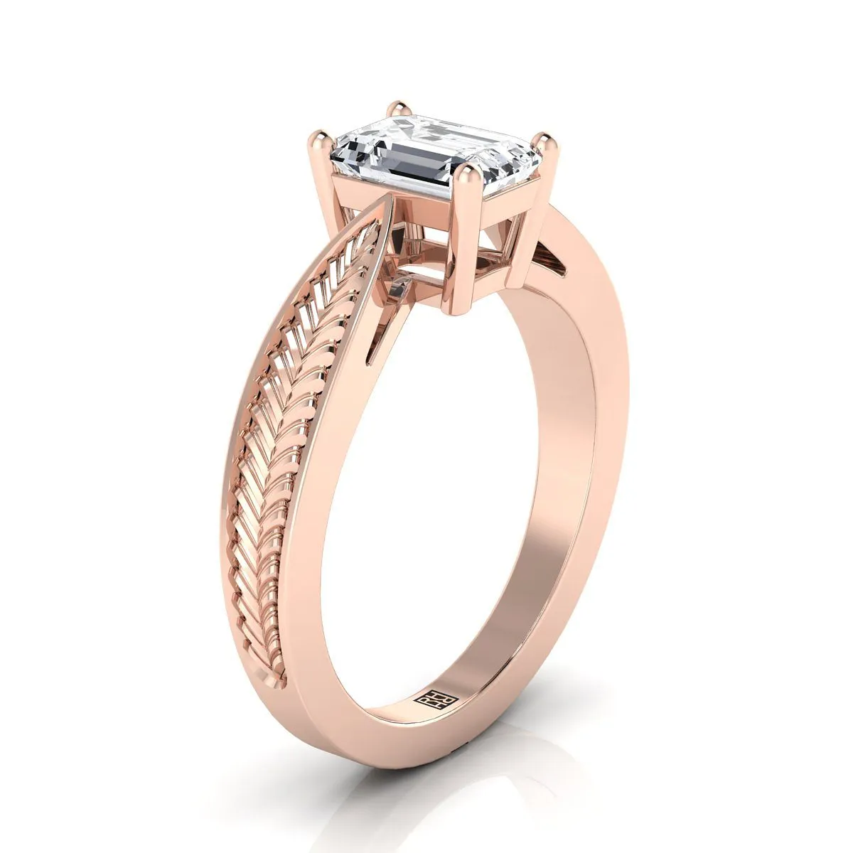 14K Rose Gold Emerald Cut Vintage Inspired Leaf Pattern Pinched Solitaire Engagement Ring