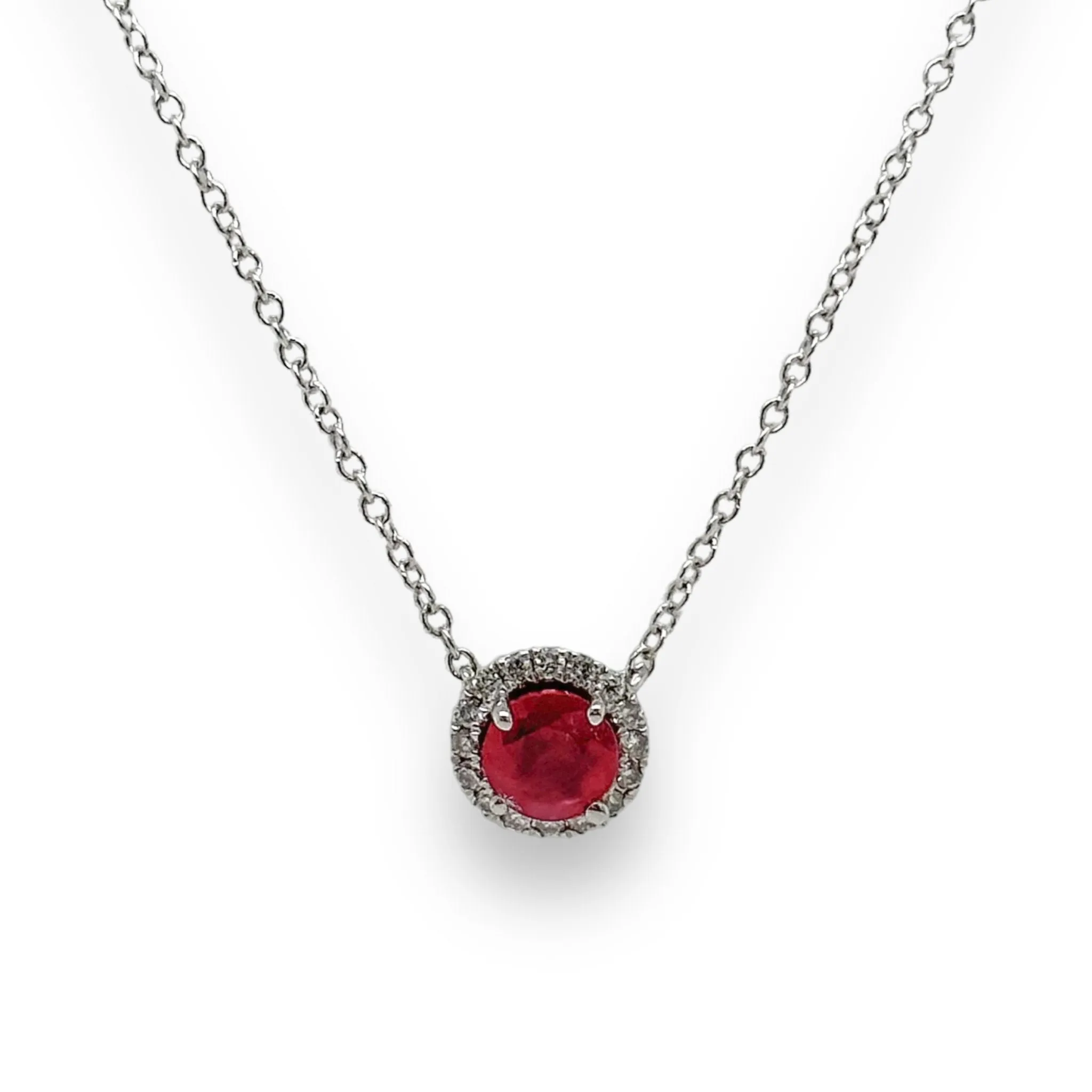 14K W Gold 0.70ct Ruby 0.10cttw H/SI2 Diamond Halo Pendant