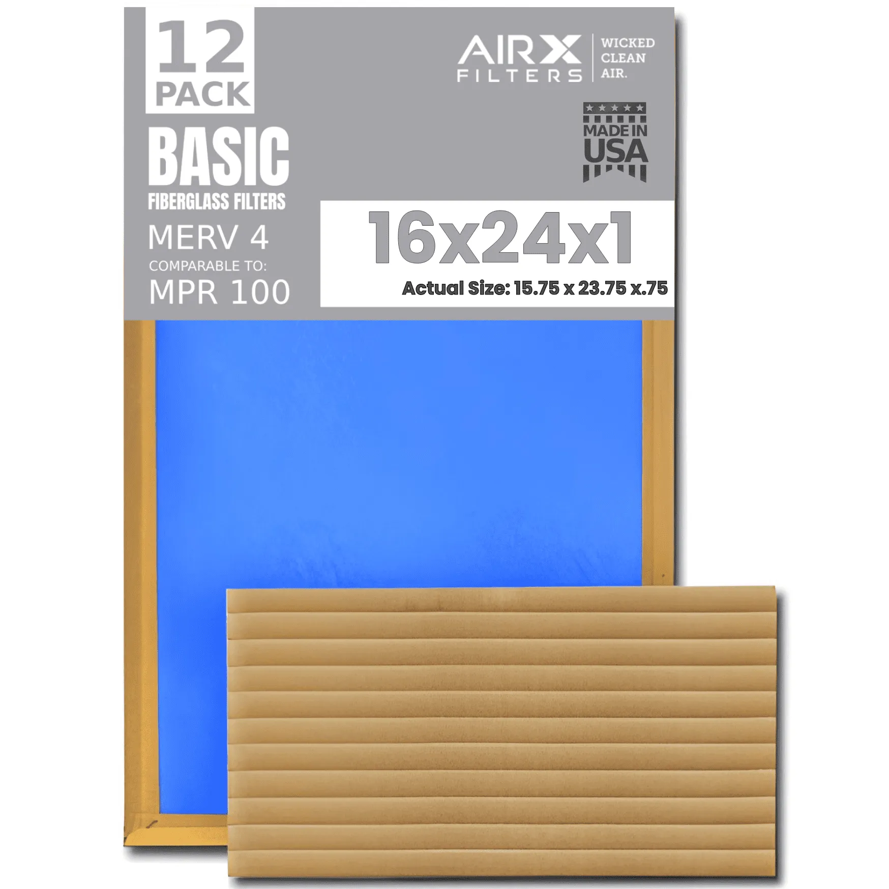 16x24x1 Air Filter Comparable to MPR 100 Basic Economy Furnace Filters, 12 Pack of Non Pleated Fiberglass Filter For Dust - Low Airflow Restriction! From AIRX FILTERS WICKED CLEAN AIR.