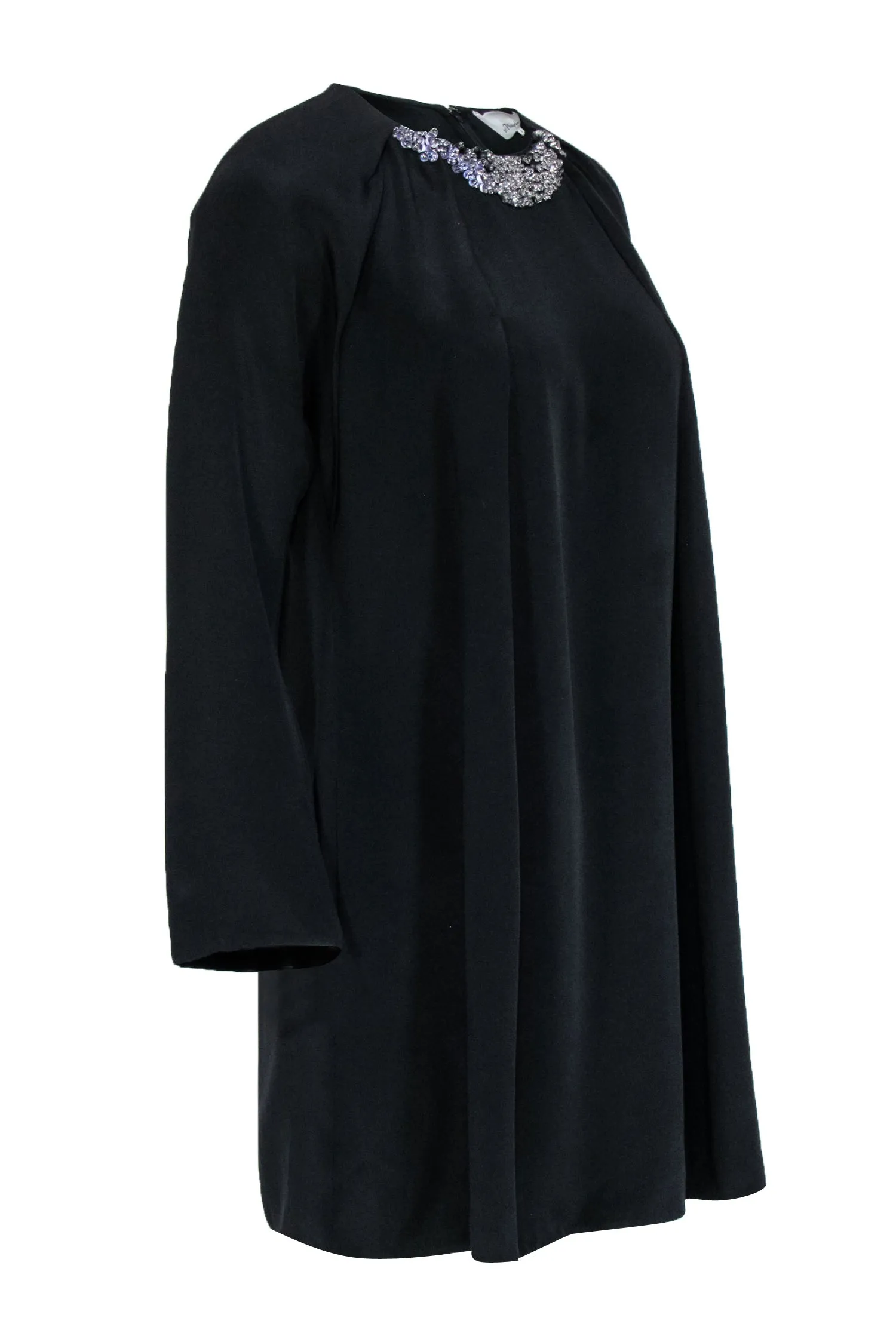 3.1 Phillip Lim - Black Silk Long Sleeve Dress w/ Beaded Neckline Sz 6