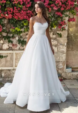 A-Line Empire Scoop Sleeveless Beaded Wedding Dress