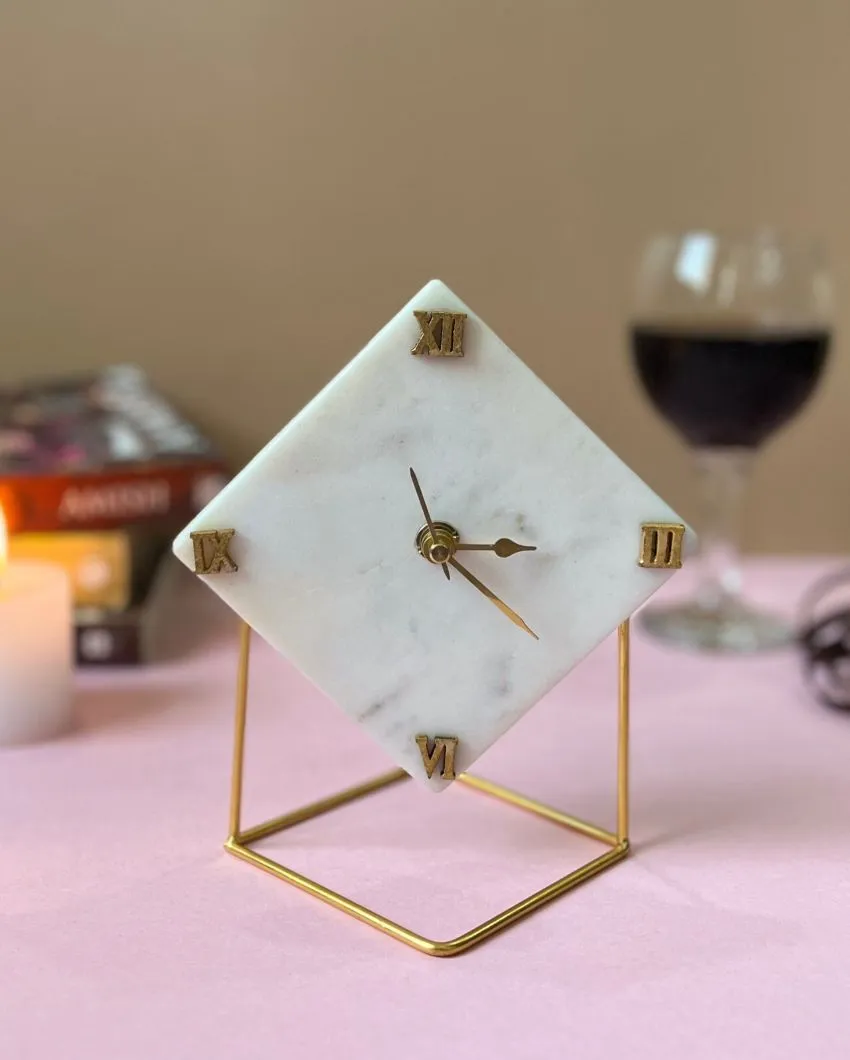 Aesthetic Marble Look Desktop Clock Table Clock With Metal Stand | 5 x 5 x 7 inches