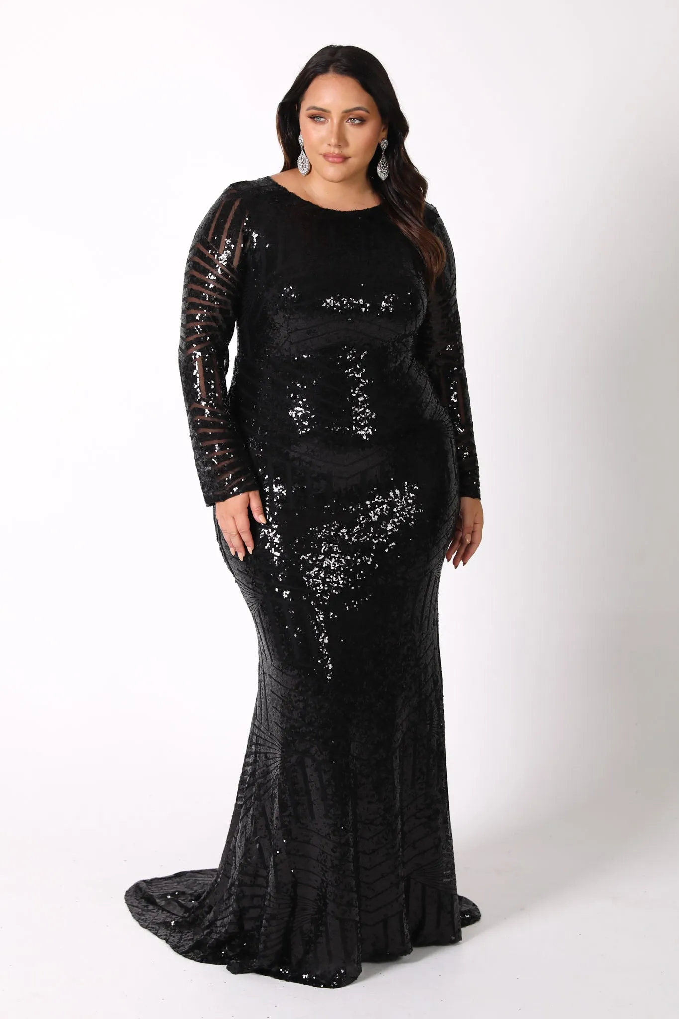 ALIYA Long Sleeve Sequin Gown - Black