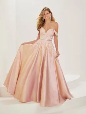 Applique Off Shoulder Shimmer Gown by Tiffany Designs 16936