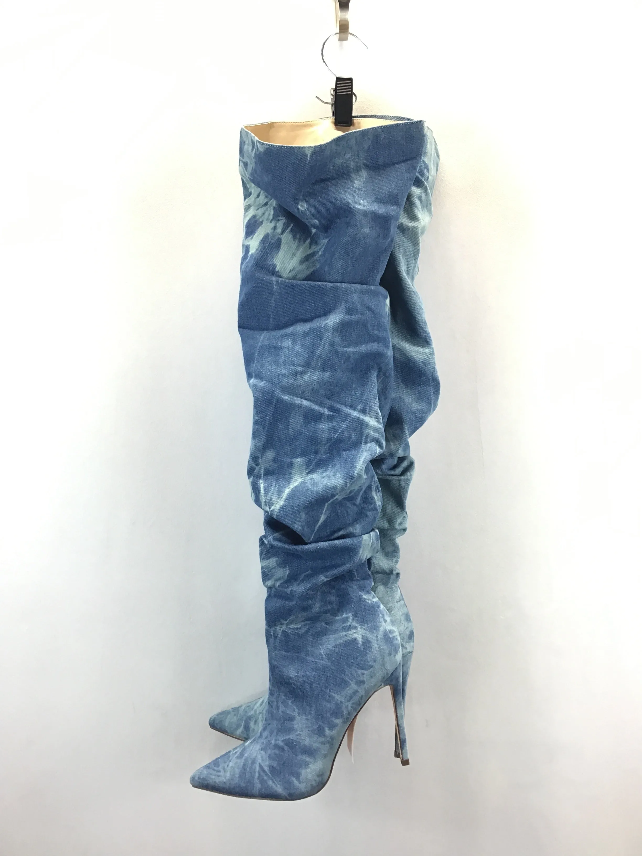 Boots Knee Heels By Fashion Nova In Blue Denim, Size: 9