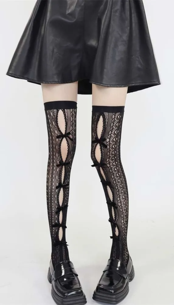 Bow Detail Cut-Out Thigh-High Fishnet Stocking Socks