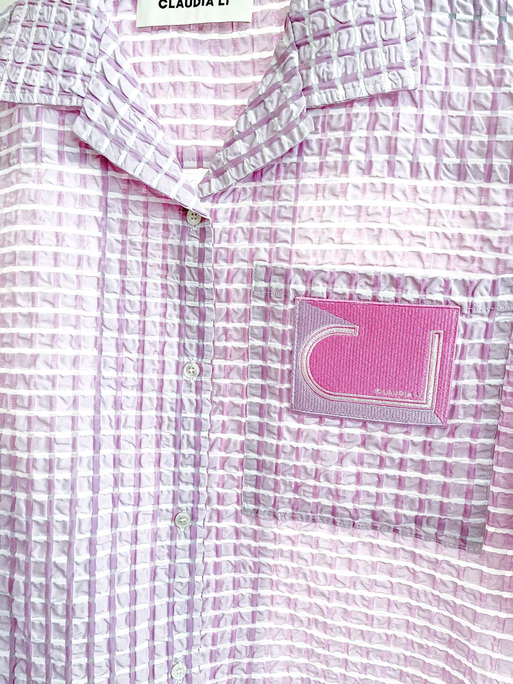 Bowling Shirt in Lilac Seersucker (PATCH VERSION, NO BOW)