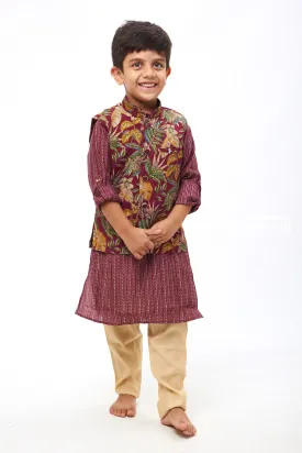 Boys Exquisite Wine-Colored Kurtha with Tropical Leaf and Floral Prints