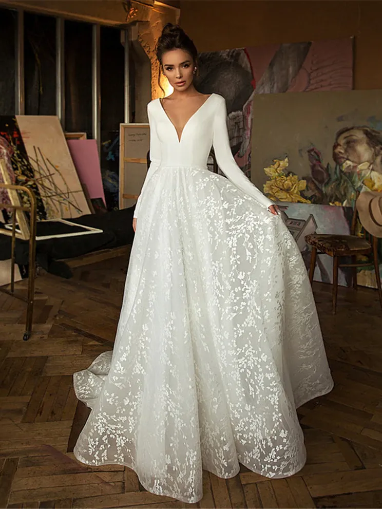 Chic A Line Long Sleeve Lace V Neck Customed Handmade Wedding Dress ER2056