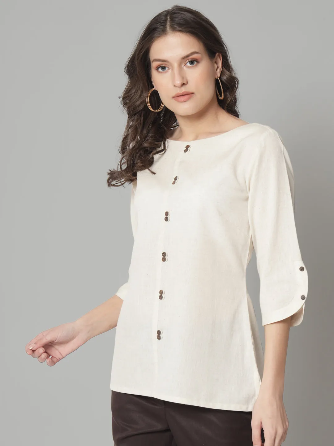 Cotton Loops and Button Detailed Regular FIt Top- Beige