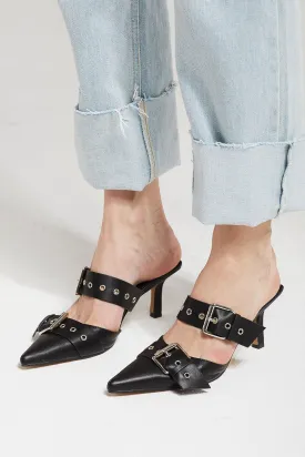 Grommet Buckle Kitten Heel Mules