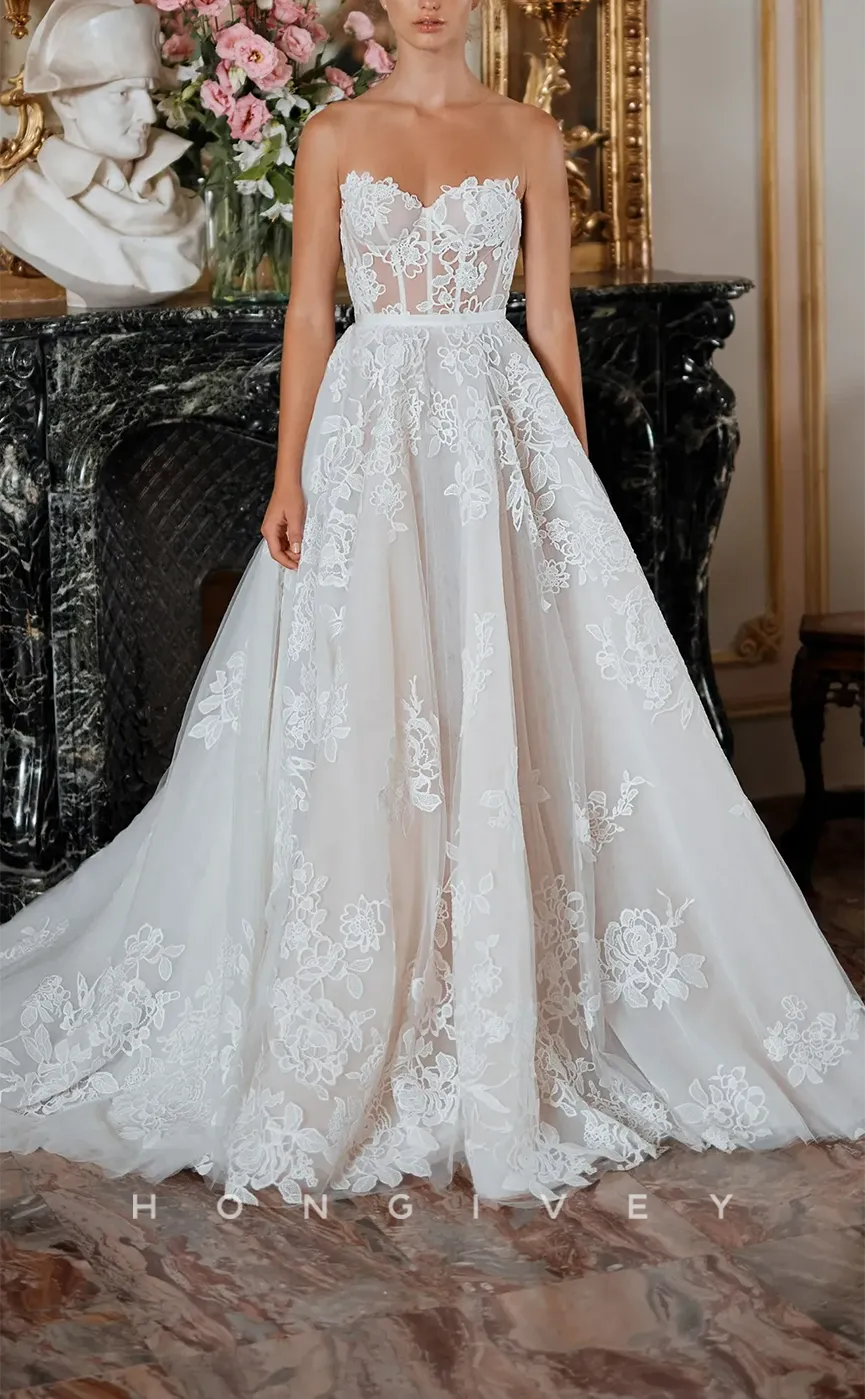 H0953 - Illusion Fully Floral Embroidered Lace Applique Strapless With Train Long Wedding Dress