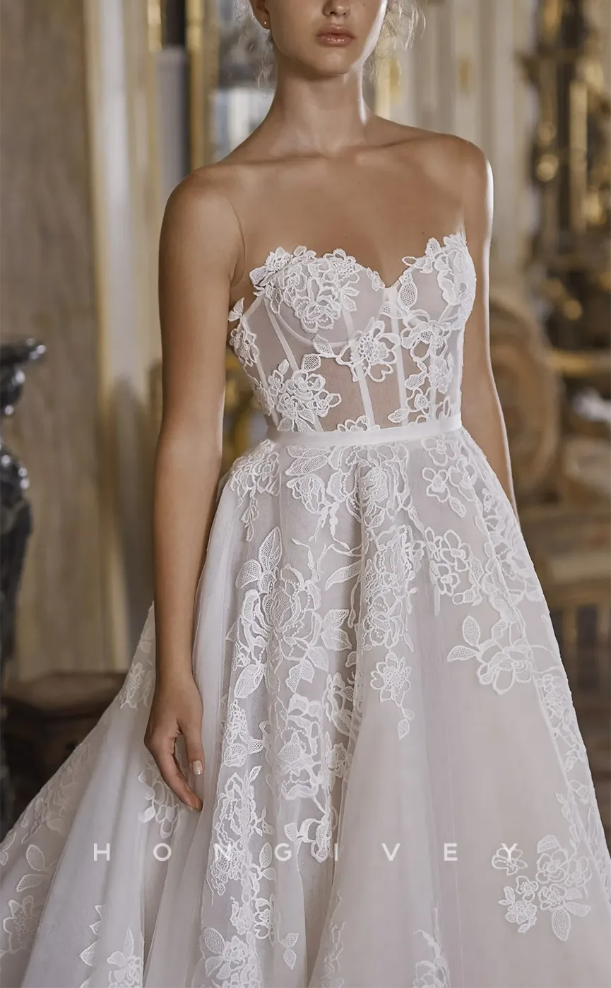 H0953 - Illusion Fully Floral Embroidered Lace Applique Strapless With Train Long Wedding Dress