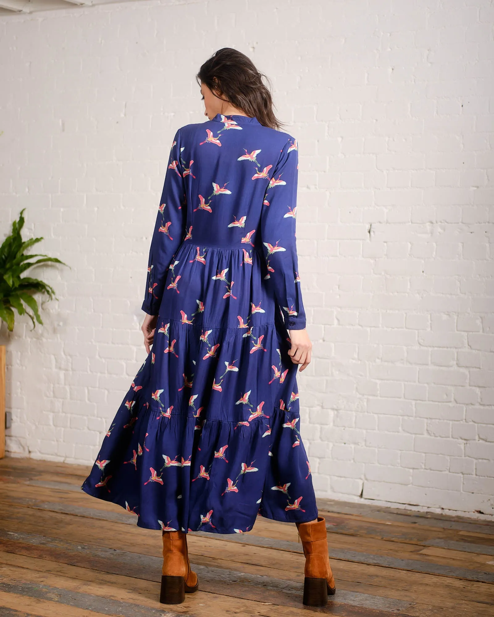 India Dress in Cranes Print