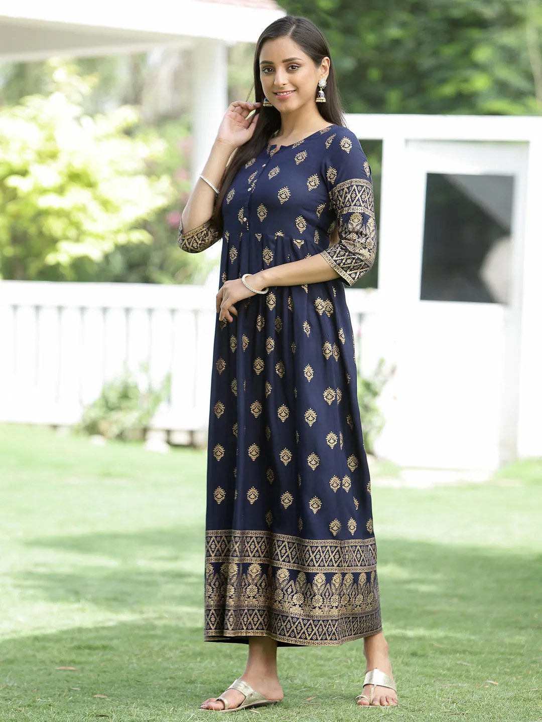 Juniper Indigo Festive Ethnic Motif Printed Rayon Maxi Dress.