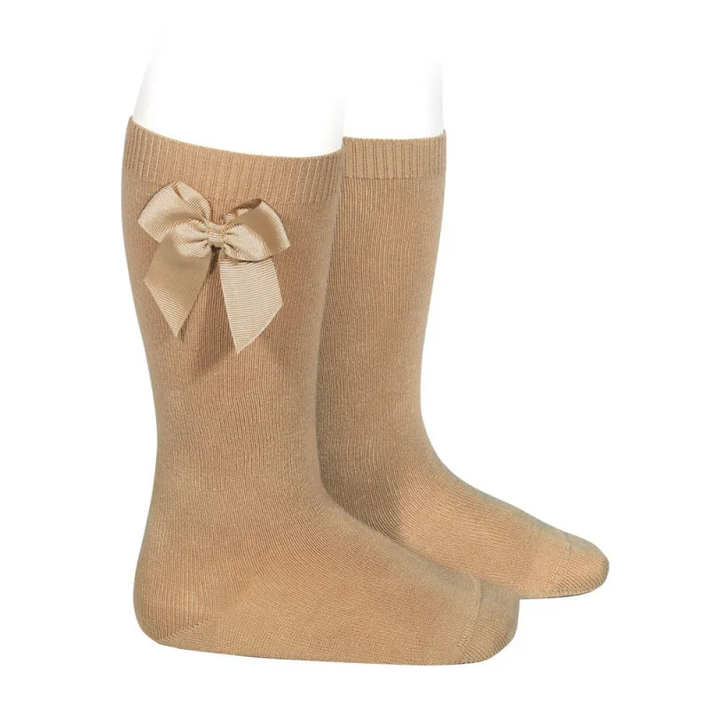 Knee High Side Bow Socks- Camel