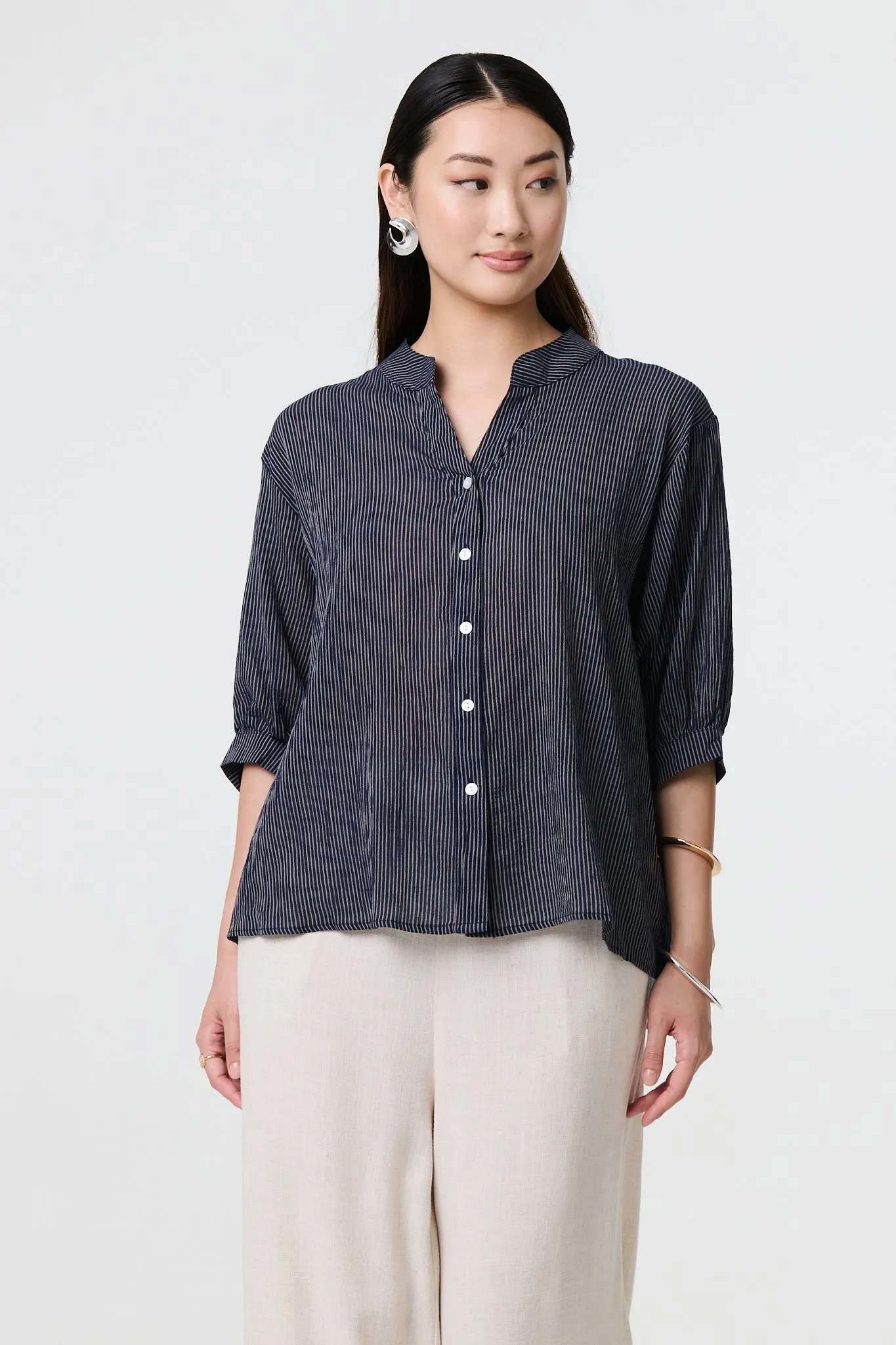 Pinstripe Relaxed Button Back Blouse