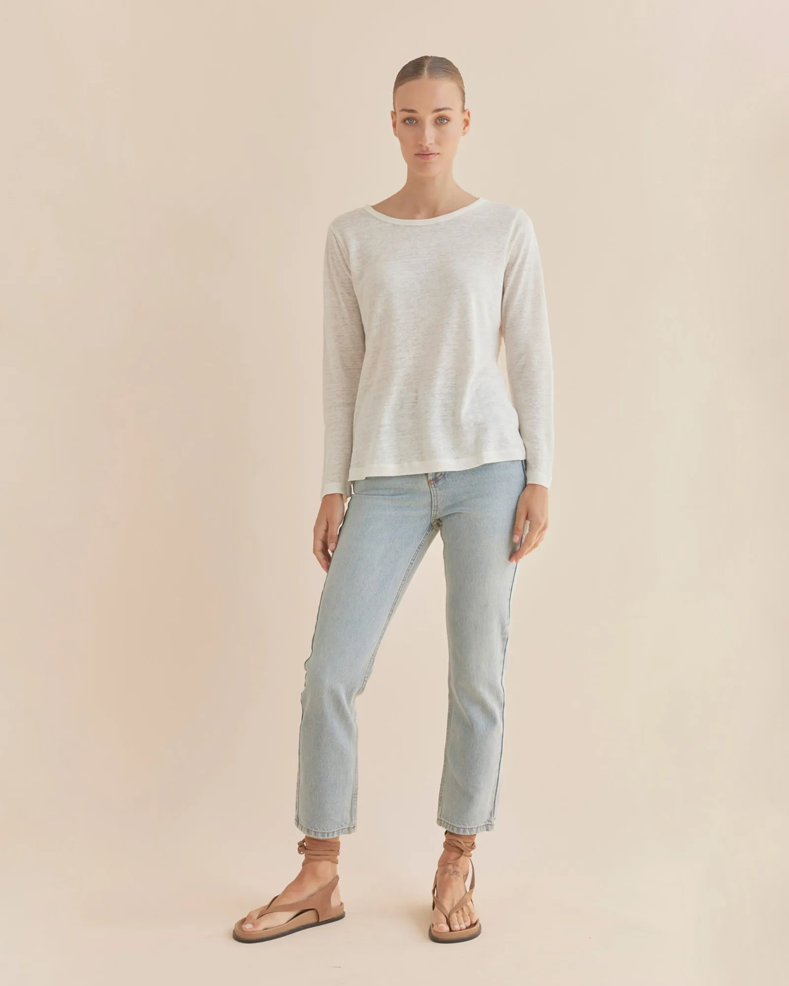 Priya Long Sleeve Linen Jersey Top - Ivory