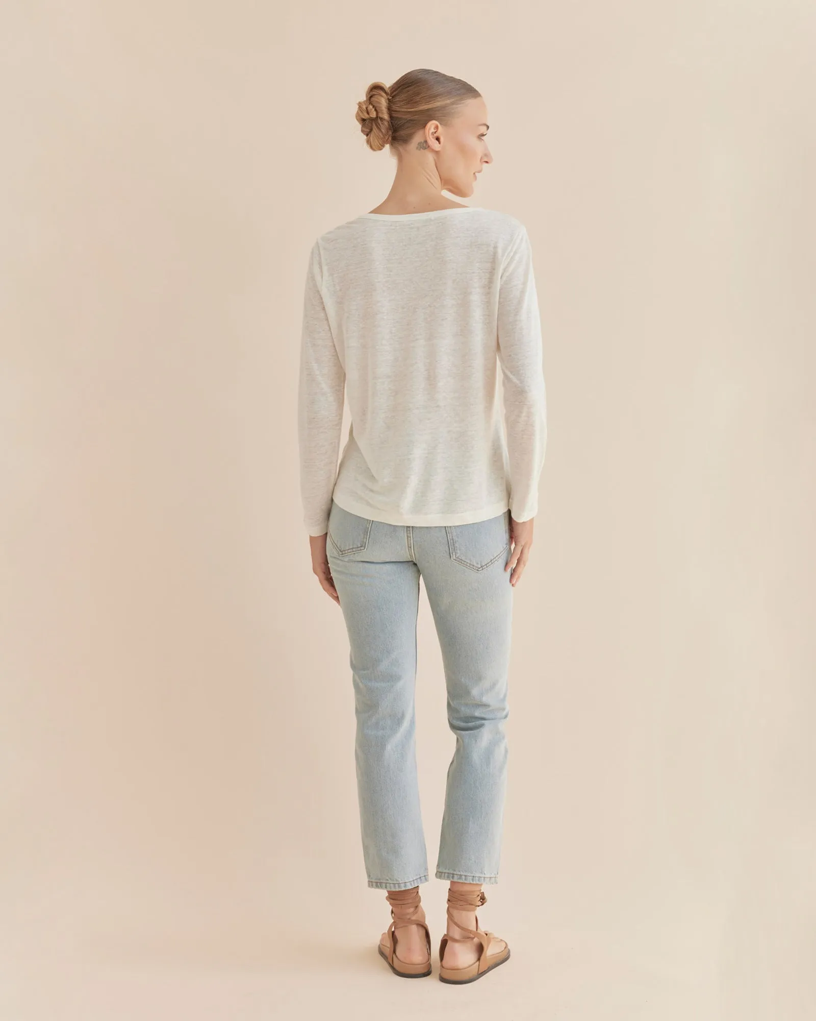 Priya Long Sleeve Linen Jersey Top - Ivory