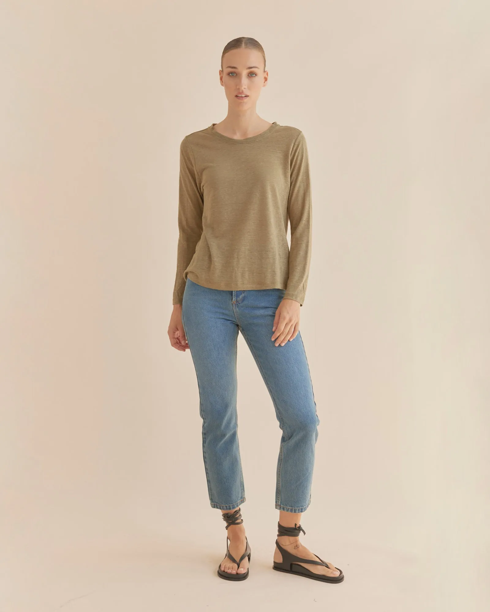 Priya Long Sleeve Linen Jersey Top - Khaki