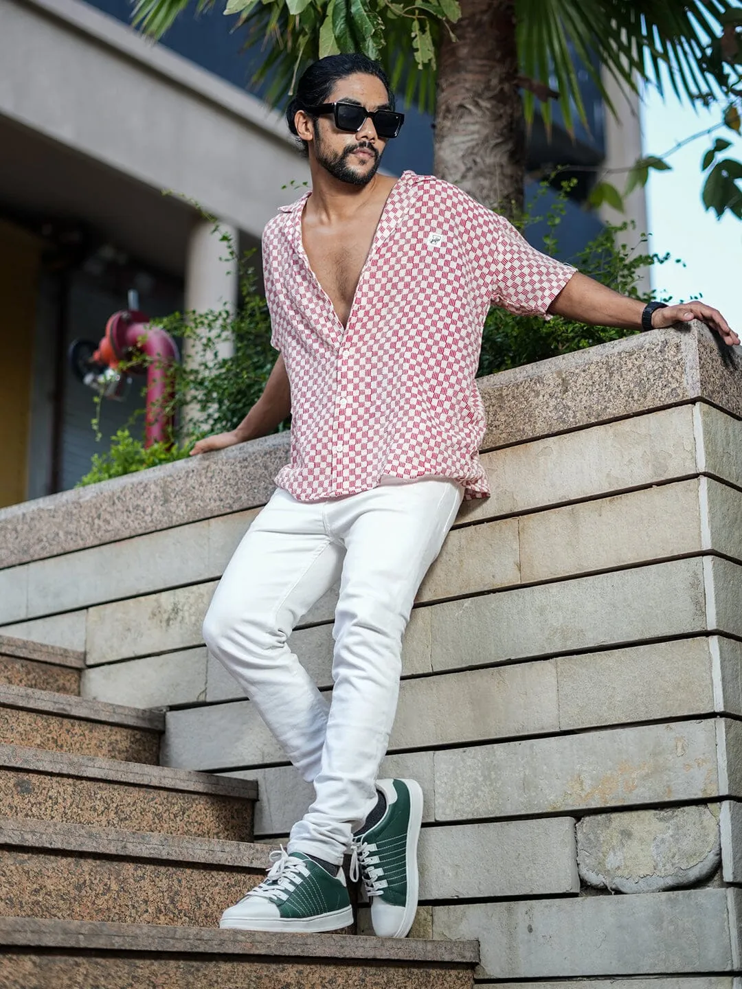 Red & White Lace Cuban Shirt